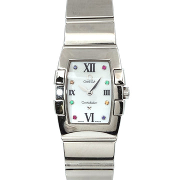 OMEGA Constellation Quadrella Mini 1584 79 Ladies Watch 8P Ruby Sapphire Emerald White Shell Dial Quartz