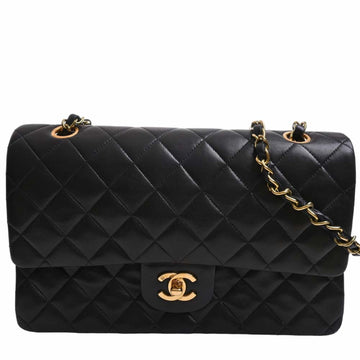 CHANEL Lambskin Matelasse Coco Mark W Flap Chain Shoulder Bag Black Women's