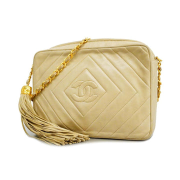 CHANEL shoulder bag chain with fringe lambskin beige gold hardware ladies