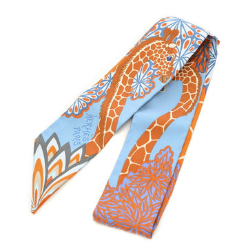 HERMES Twilly Three Graces THE THREE GRACES Blue Sheen Orange Rouille Silk 100% Scarf
