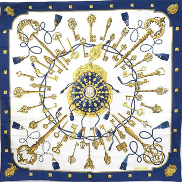 HERMES Scarf Carre 90 Silk Navy/White/Gold Women's