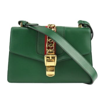 GUCCI Sylvie Small Sherry Line Shoulder Bag 421882 Leather Green Gold Hardware Belt Motif