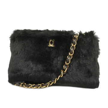 CHANEL Shoulder Bag Chain Fur Black Ladies