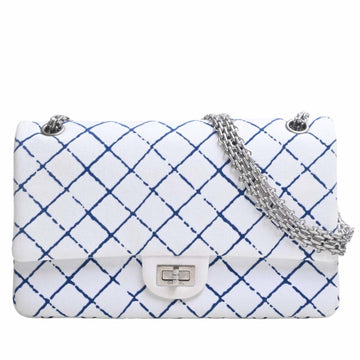 CHANEL Canvas 2.55 W Flap Chain Shoulder Bag White/Blue Ladies