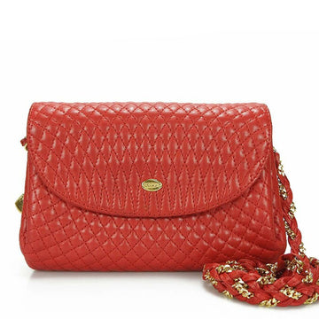 BALLY Chain Shoulder Bag BAG Leather Stitch Gold Hardware Charm Quilted Red leather