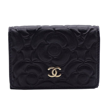 CHANEL Wallet Women's Trifold Leather Camellia Black