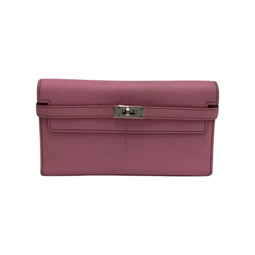 HERMES Kelly Wallet Long Vaux Swift Leather Genuine Bifold Pink
