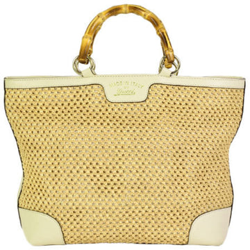 GUCCI bamboo straw tote bag leather beige white handbag 338965