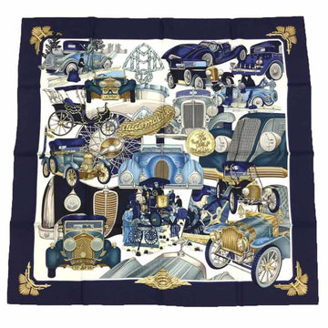 HERMES Carre 90 Scarf Muffler Automobile Car Navy 100% Silk