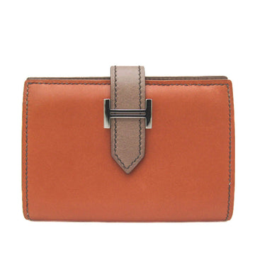 HERMES Bearn Tadelakt Leather Card Case Brown,Gray Brown,Orange