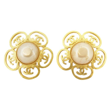 CHANEL Earrings Vintage Coco Mark Flower Motif Fake Pearl GP Plated Gold White 95P Ladies