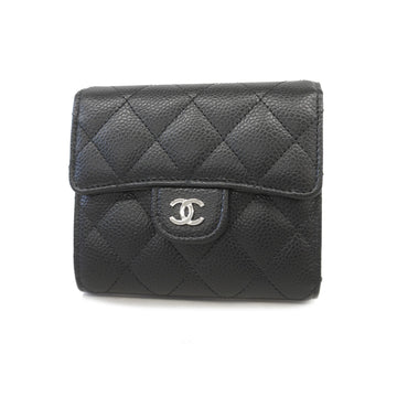 Chanel Trifold Wallet Matelasse Caviar Skin Black Silver Metal