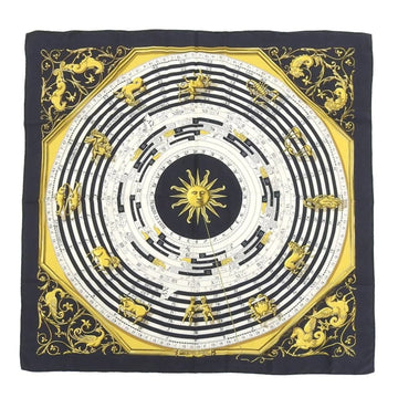 HERMES Carre 90 Astrology Sundial Pattern Scarf Muffler Silk Black Off-White Yellow