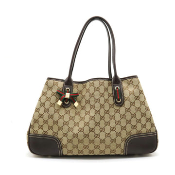 Gucci GG Canvas Princely Line Ribbon Tote Bag Shoulder Leather Khaki Beige Dark Brown 163805