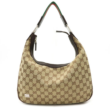 Gucci GG Canvas Sherry Line Shoulder Bag Leather Khaki Beige Dark Brown 145757