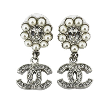 CHANEL Earrings Coco Mark Flower Motif Fake Pearl Rhinestone Metal Material Silver B23A Women's