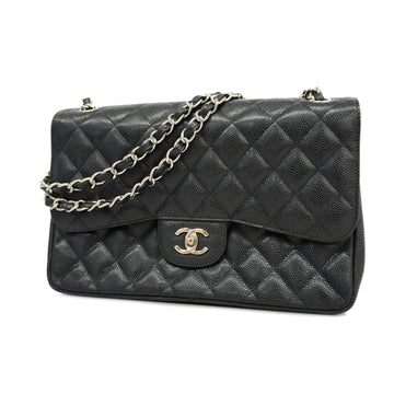 Chanel Matelasse W Flap W Chain Women's Caviar Leather Shoulder Bag Black