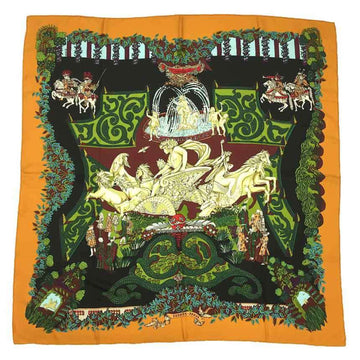 HERMES Scarf Carre 90 100% Silk LE PARADIS DU ROY King's Paradise Black Yellow Orange