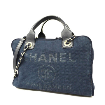 CHANEL Handbag Deauville Chain Shoulder Leather Canvas Navy Silver Hardware Women's