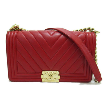 CHANEL BOY  ChainShoulder Bag Red Lambskin [sheep leather]