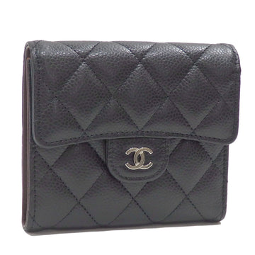 CHANEL Trifold Wallet Matelasse Classic Small Flap Women's Black Caviar Skin AP0230 Leather Coco Mark