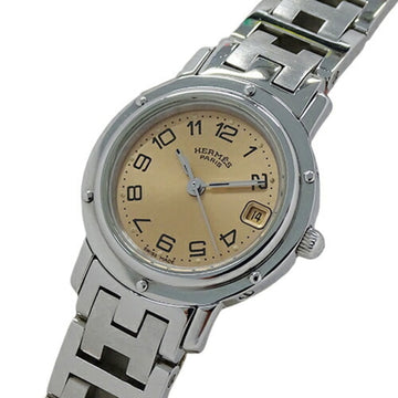HERMES Watch Ladies Clipper Date Quartz Stainless Steel SS CL4.210 Silver Orange Round Polished