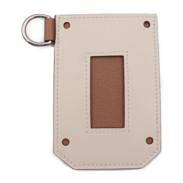 HERMES card case leather beige brown silver metal fittings pass commuter U stamp