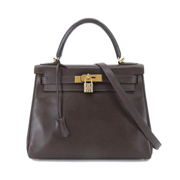 HERMES Kelly 28 2way hand shoulder bag Kushbel Epson Chocolat E stamped inner stitch gold metal fittings