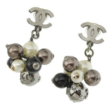 CHANEL Pearl Coco Mark Earrings Silver Women's