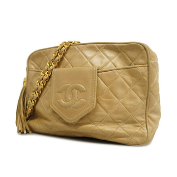 CHANEL Shoulder Bag Matelasse Chain with Fringes Lambskin Beige Gold Hardware Women's