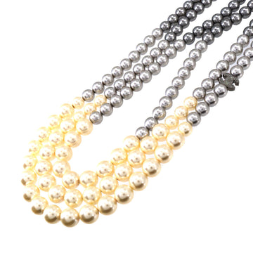 CHANEL triple chain fake pearl here mark long necklace white gray black silver metal fittings B15B accessories