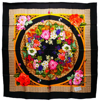 GUCCI Old  Vintage Scarf Shawl Women's 1970's 70'S Floral Rattan Braided Pattern Flashy Large Size Silk 100% Black/Multicolor 88×88cm