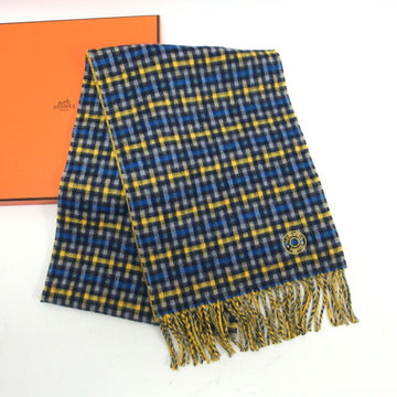 HERMES H Ecoce Rectoverso cashmere muffler check blue yellow