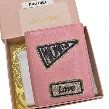 MIU MIU MIU Wallet Pink Gold Black Leather Patch Folded Ladies 5MV204