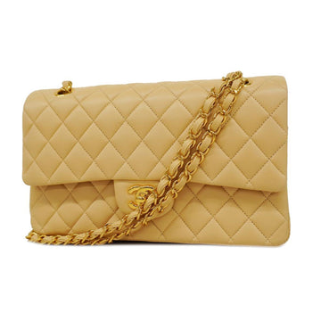 CHANEL Shoulder Bag Matelasse W Flap Chain Lambskin Beige Gold Hardware Women's