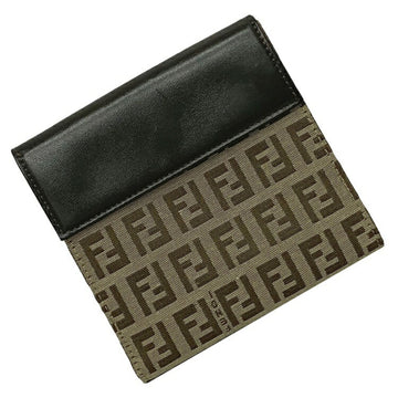 Fendi Bifold Wallet Beige Black Brown Zucchino 8M0034 Canvas Leather FENDI FF W Double Medium Women's