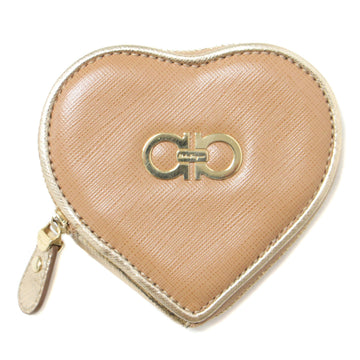 SALVATORE FERRAGAMO Coin Case Camel Brown Gold Mini Compact Accessory Heart Zipper Motif Logo Gancini Leather