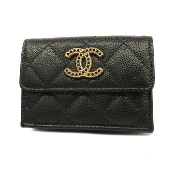 CHANELAuth  Matelasse Tri-fold Wallet Gold Metal Fittings Women's CaviarLeather