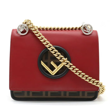 FENDI Canai F FF Zucca Pattern Shoulder Bag Chain Leather Red Black Brown 8BT286