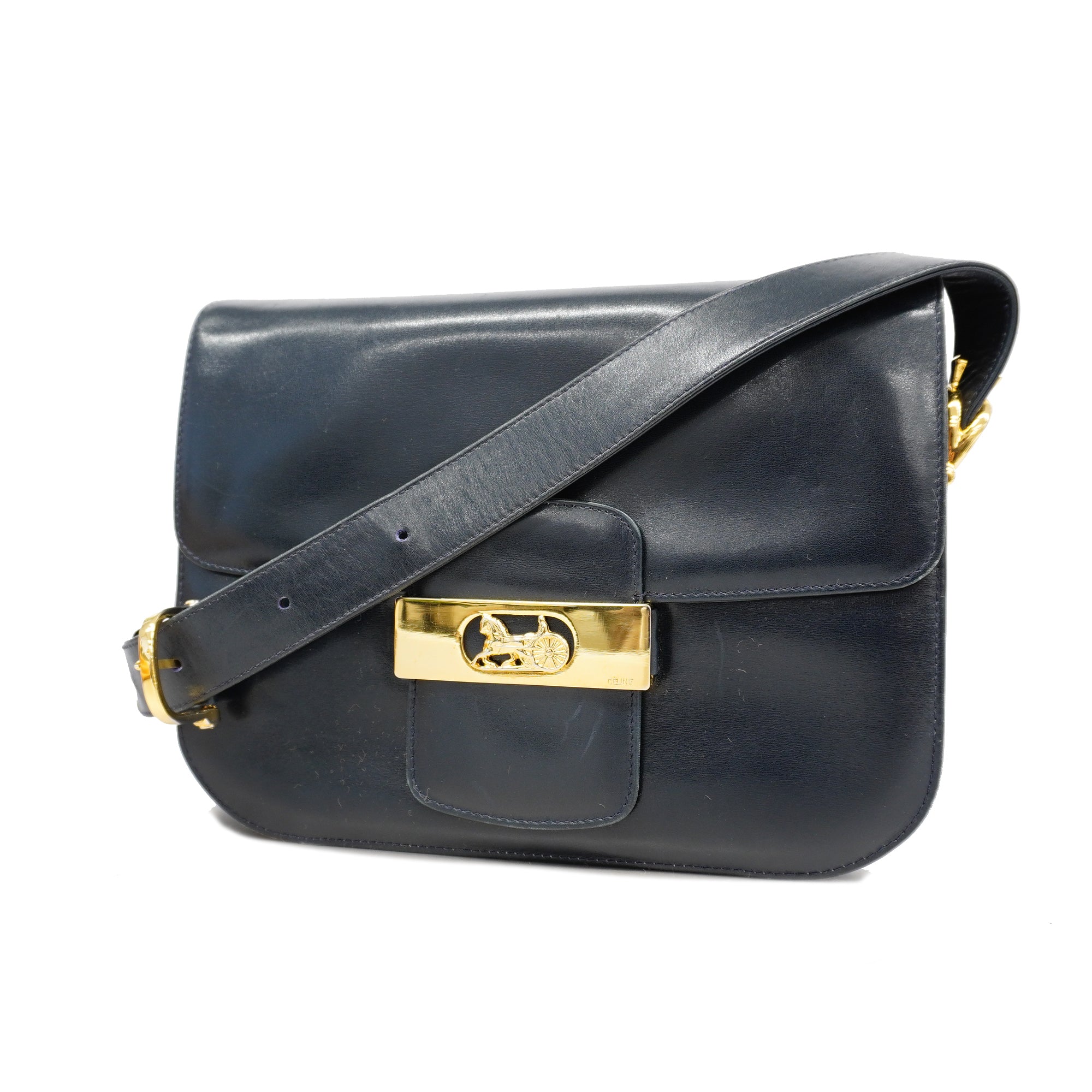 Celine shoulder bag carriage metal fittings leather navy gold metal