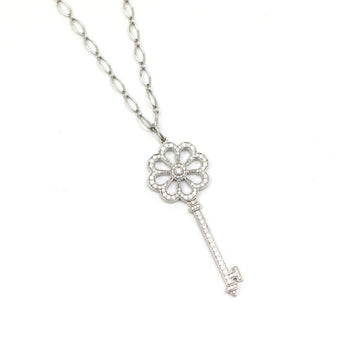 TIFFANY Flower Key Diamond Pendant Necklace Pt950 K18WG White Gold Platinum Oval Chain Women's Jewelry