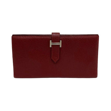 HERMES Bearn Logo Hardware Leather Genuine Bifold Long Wallet Folding Bordeaux Red