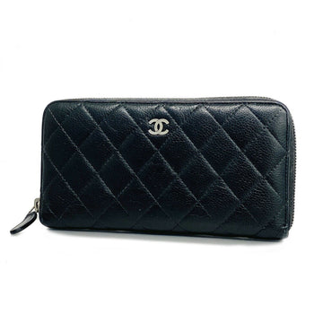 CHANEL Long Wallet Matelasse Caviar Skin Black Silver Hardware Women's