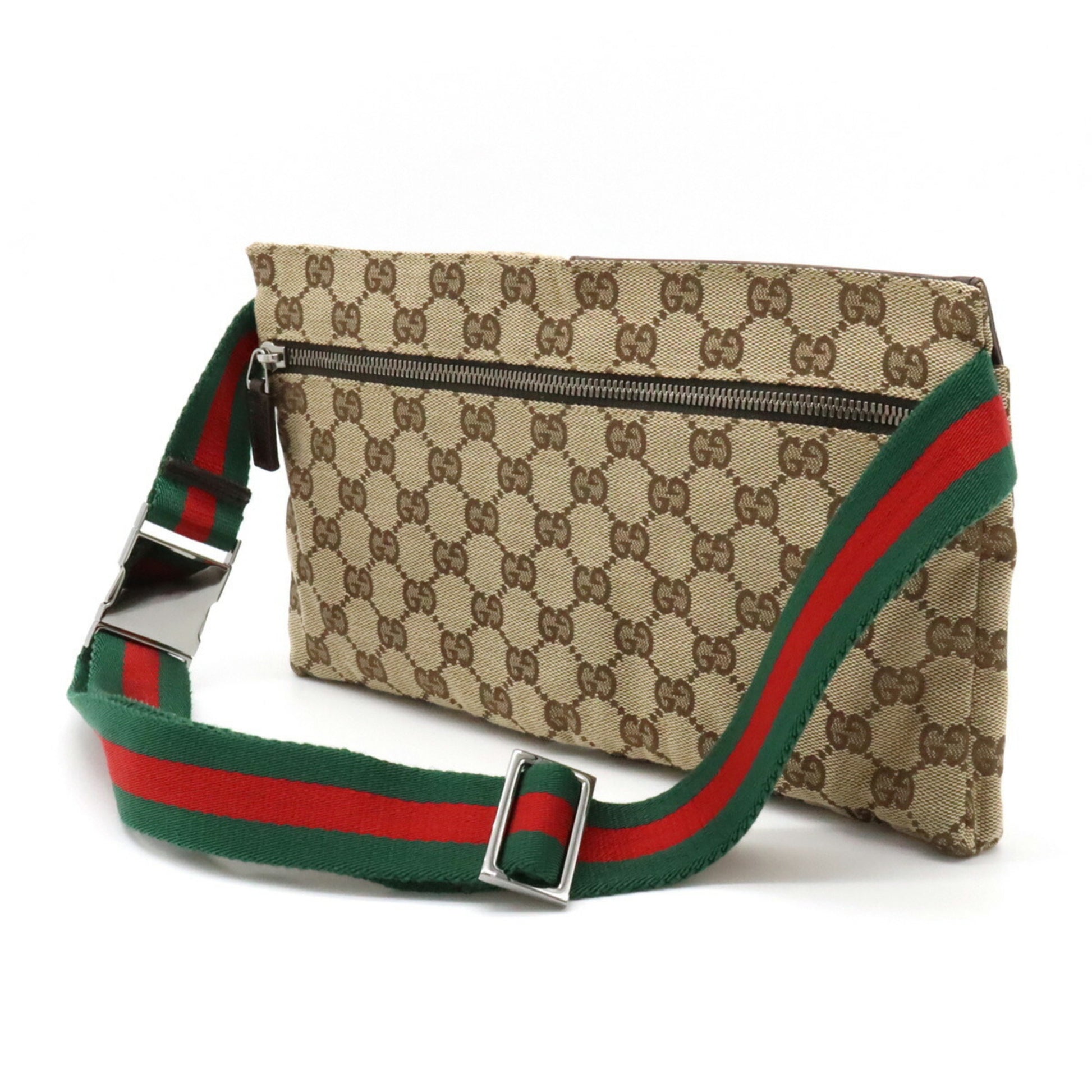 Gucci GG Canvas Body Bag Waist Pouch Hip Leather Khaki Beige Dark Brow