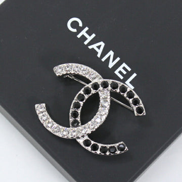 CHANEL Brooch Rhinestone Silver Black CC Coco Mark B23 Box Women's COCO T4786