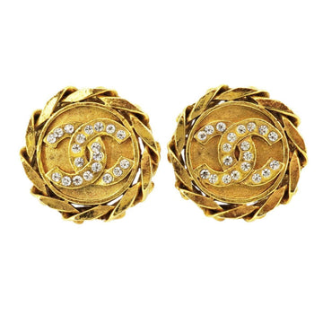 CHANEL earrings vintage round circle chain rhinestone GP plated gold ladies