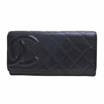 CHANEL Leather Cambon Coco Mark Bifold Long Wallet Black Ladies