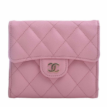 CHANEL Caviar Skin Matelasse Coco Mark Small Flap Wallet Trifold Pink Women's