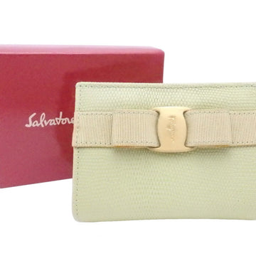 SALVATORE FERRAGAMO Pouch Key Ring Valara Ribbon Light Green Leather x Gold Hardware Case Women's