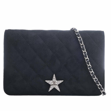 CHANEL Suede Matelasse Coco Mark Star Chain Shoulder Long Wallet Black Ladies